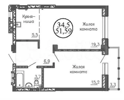 2-к. квартира, 51,6м, 19/22эт. - Фото 0