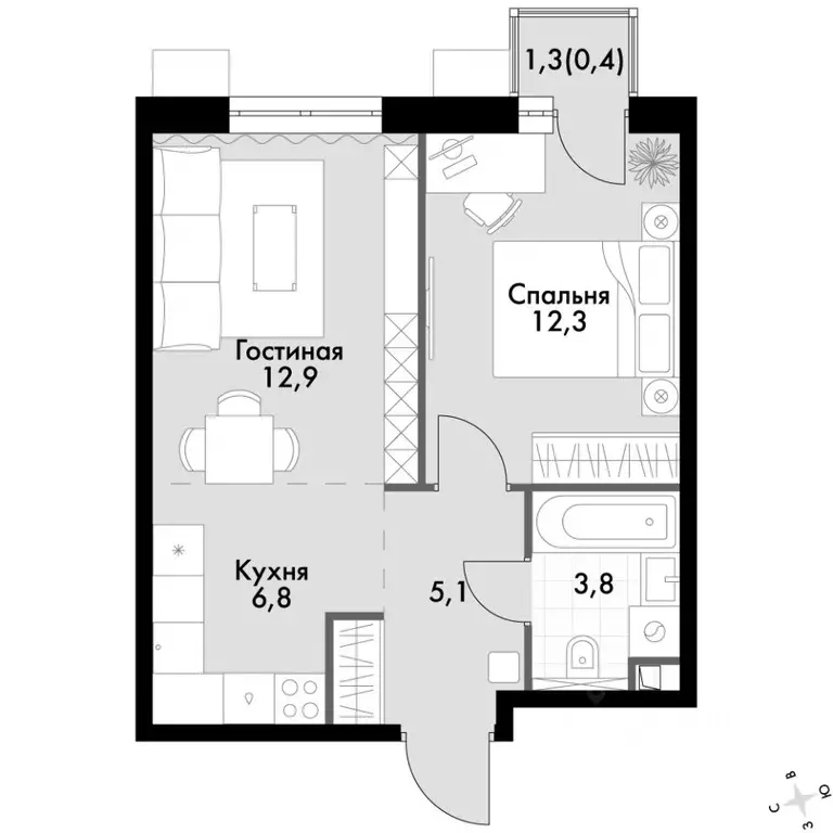 2-к кв. Приморский край, Владивосток Флагман жилой комплекс (41.3 м) - Фото 2