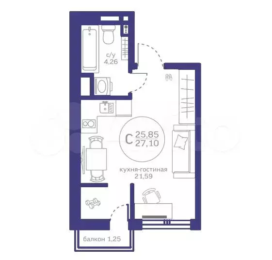 Квартира-студия, 25,9 м, 8/10 эт. - Фото 1
