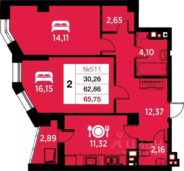 2-к кв. Калининградская область, Калининград ул. Гайдара, 94 (65.75 м) - Фото 0