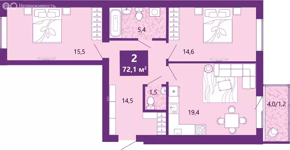 2-комнатная квартира: Калининград, Байкальская улица, 1к5 (72.6 м) - Фото 2