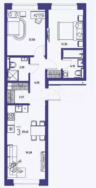 2-к. квартира, 59,5 м, 11/15 эт. - Фото 1