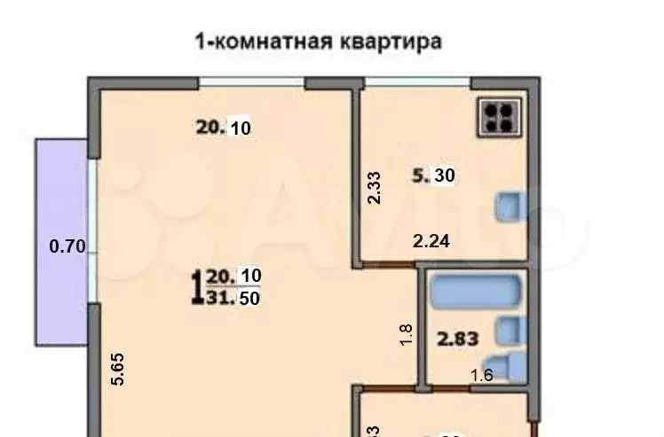 1-к. квартира, 31,5 м, 2/5 эт. - Фото 0