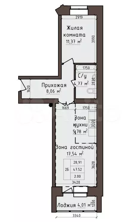 2-к. квартира, 49,5 м, 2/5 эт. - Фото 0