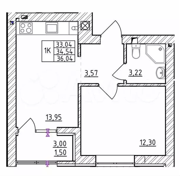 1-к. квартира, 34,5 м, 4/7 эт. - Фото 1