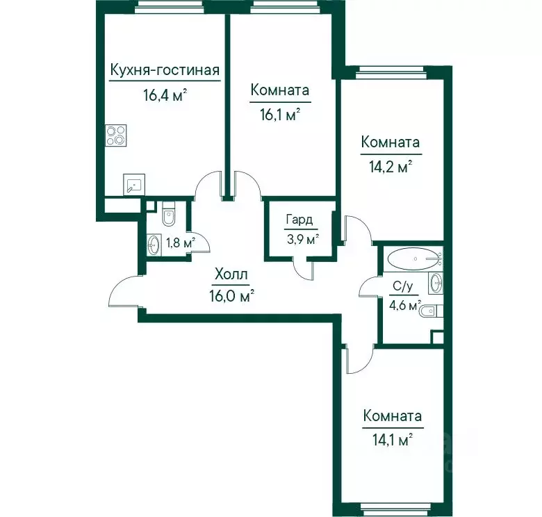 3-к кв. Самарская область, Самара Грин Ривер жилой комплекс (86.84 м) - Фото 1