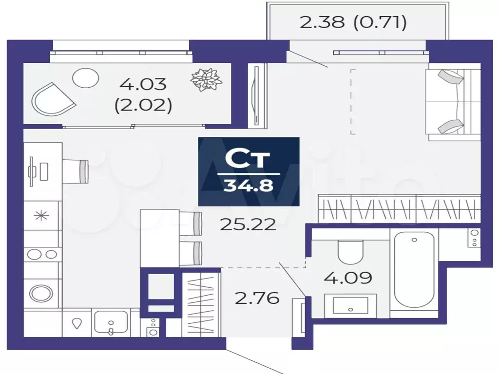 Квартира-студия, 34,8 м, 9/16 эт. - Фото 1