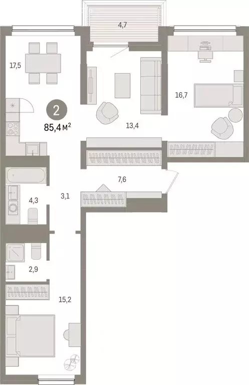 2-комнатная квартира: Тюмень, Мысовская улица, 26к1 (85.35 м) - Фото 1