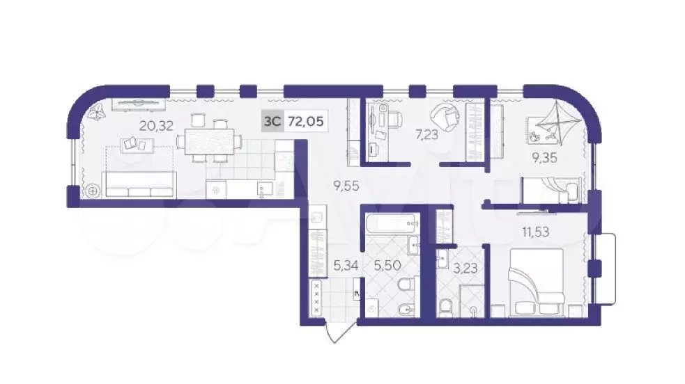 3-к. квартира, 72 м, 5/9 эт. - Фото 1