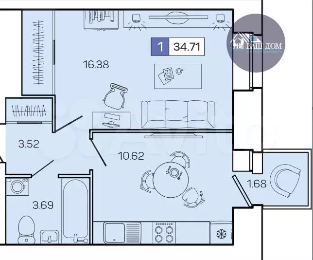 1-к. квартира, 34,7 м, 3/9 эт. - Фото 1