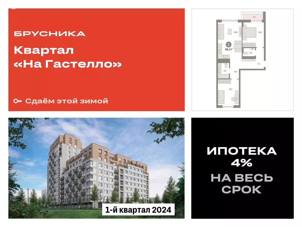 2-комнатная квартира: тюмень, улица молодогвардейцев, 5к1 (68.13 м) - Фото 0