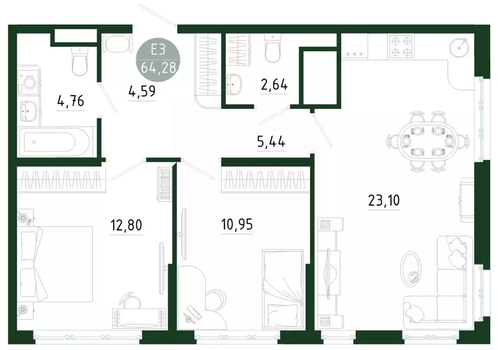 2-к кв. Тульская область, Тула Платон Парк жилой комплекс (64.28 м) - Фото 0