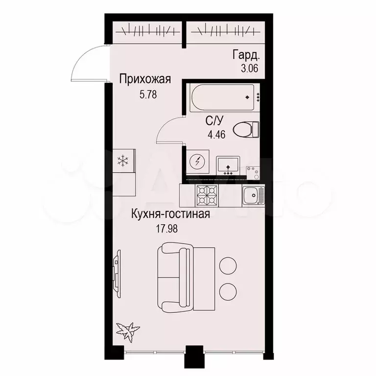 Квартира-студия, 31,3 м, 2/6 эт. - Фото 0