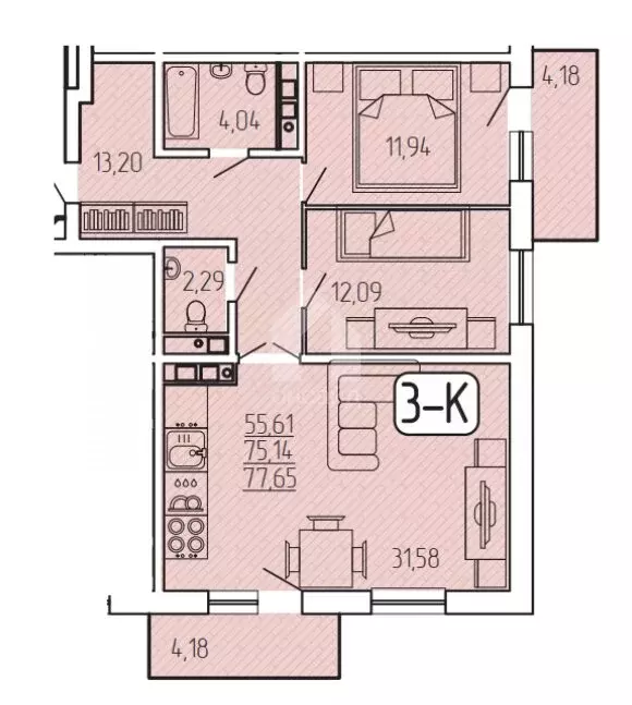 2-комнатная квартира: Улан-Удэ, микрорайон 140Б, 5/2 (77.65 м) - Фото 0