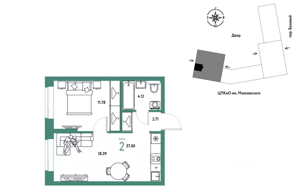 2-к кв. Свердловская область, Екатеринбург пер. Базовый, 10 (37.0 м) - Фото 1