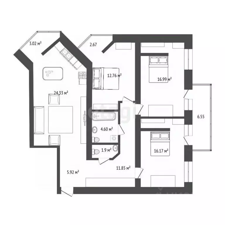 3-к кв. Тюменская область, Тюмень 6-й мкр, ул. Валерии Гнаровской, ... - Фото 2