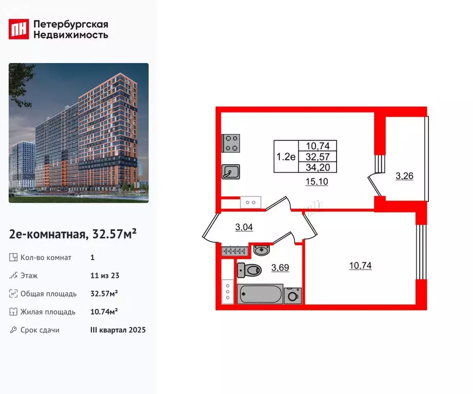 1-комнатная квартира: Новосаратовка, ЖК Город Звёзд (32.57 м) - Фото 0