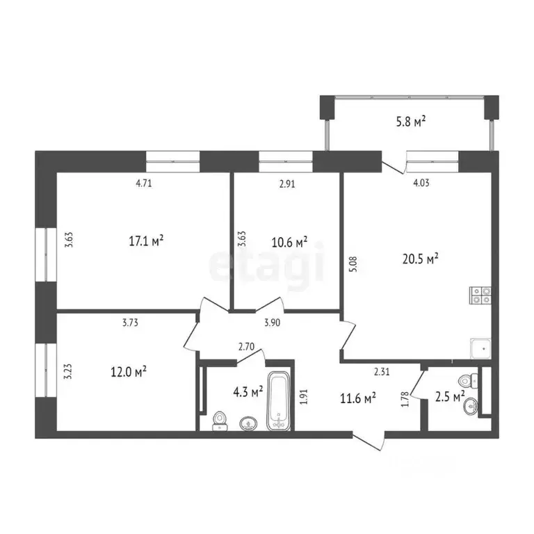 3-к кв. Тюменская область, Тюмень ул. Вересковая, 15 (79.0 м) - Фото 1