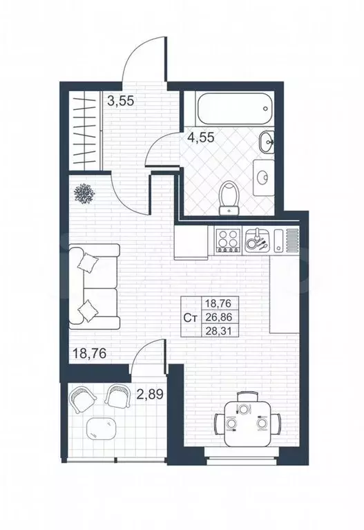 Квартира-студия, 28,3м, 1/9эт. - Фото 0