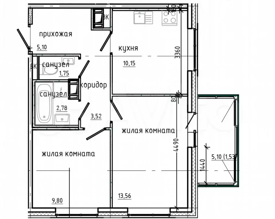 2-к. квартира, 48,2 м, 8/9 эт. - Фото 0