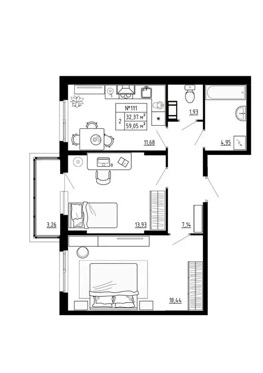 2-комнатная квартира: посёлок Аннино, ЖК Аннино Сити (59.05 м) - Фото 1