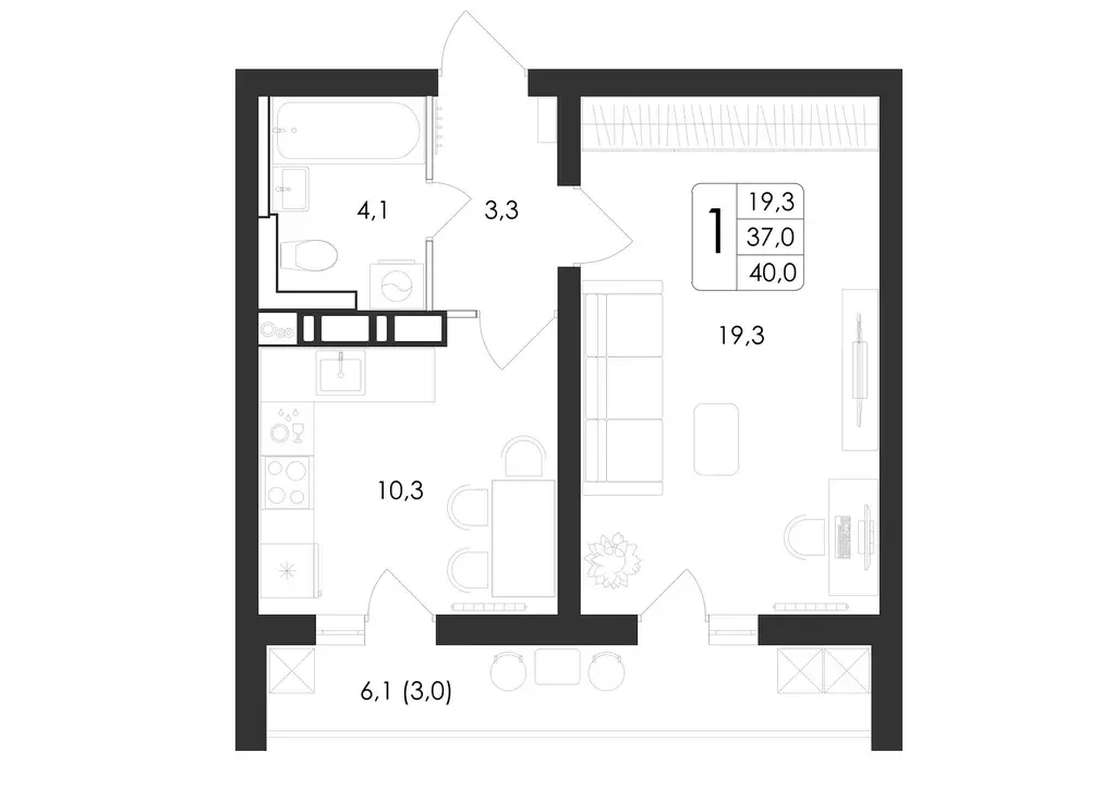 1-к квартира, 40 м - Фото 1