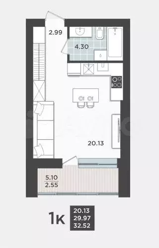 Квартира-студия, 30 м, 9/9 эт. - Фото 1