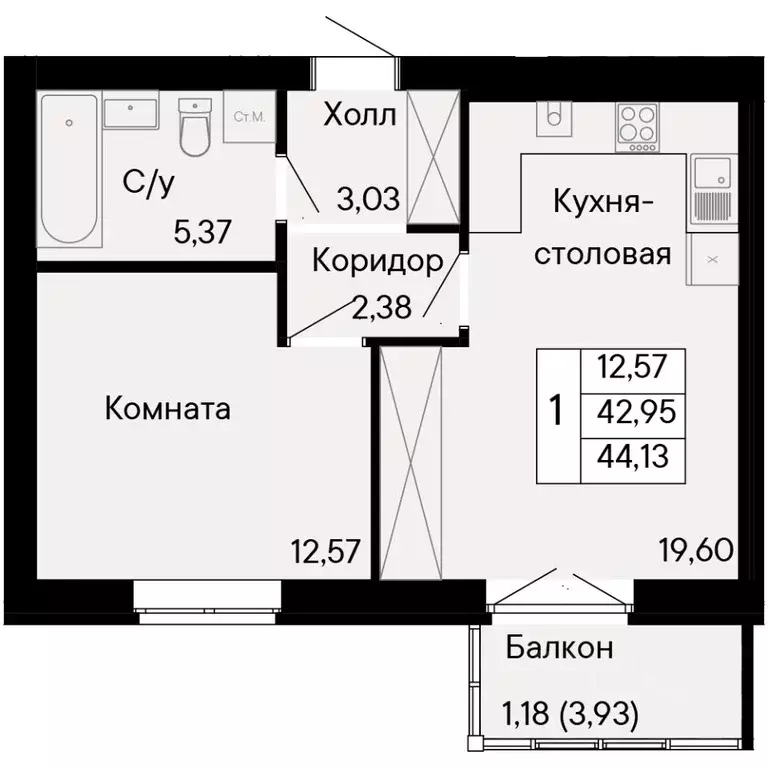 1-к кв. Ростовская область, Ростов-на-Дону Бориславский пер. (44.13 м) - Фото 0