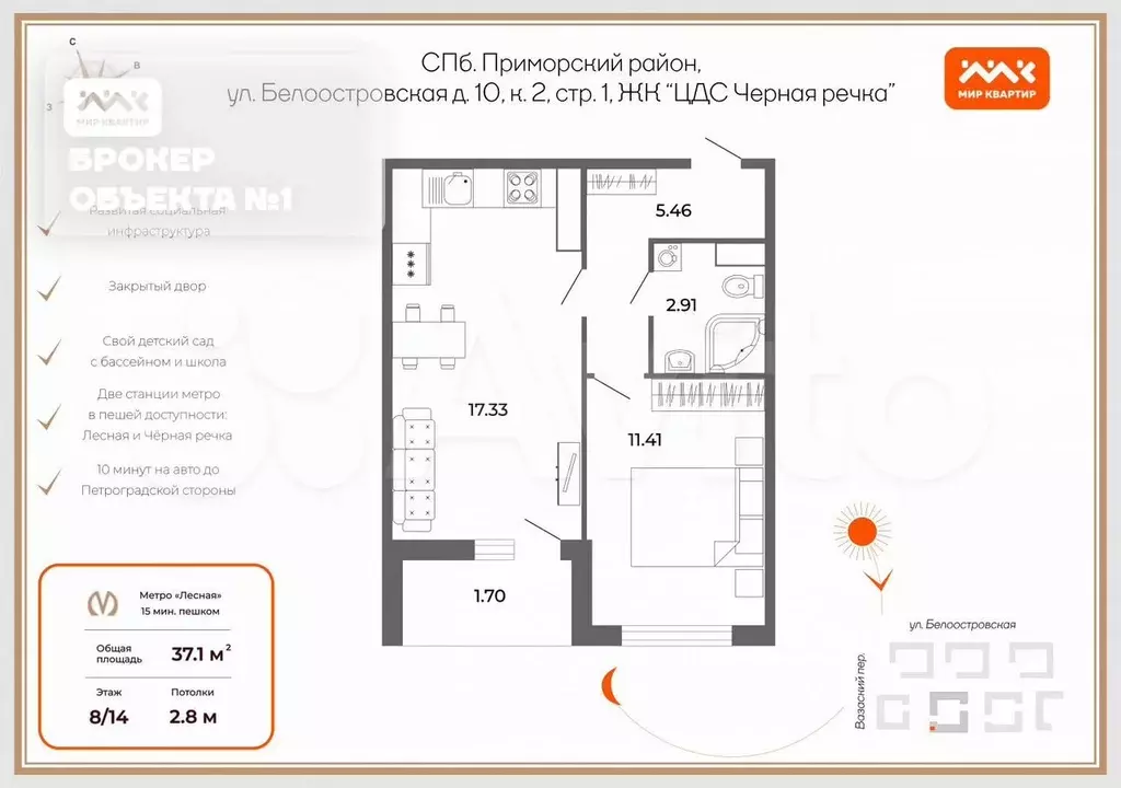 2-к. квартира, 37,1 м, 8/14 эт. - Фото 0