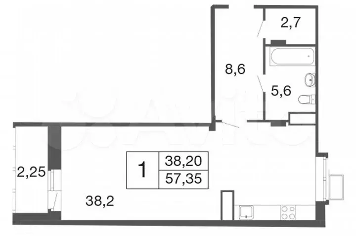 Квартира-студия, 57,4м, 2/9эт. - Фото 0