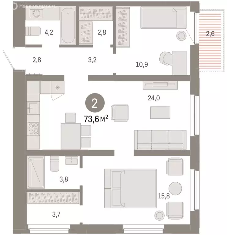 2-комнатная квартира: Тюмень, Мысовская улица, 26к2 (73.55 м) - Фото 1