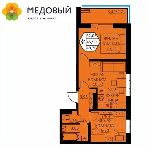 3-к кв. Пермский край, д. Кондратово ул. Г.Н. Нифантова, 12 (48.7 м) - Фото 0
