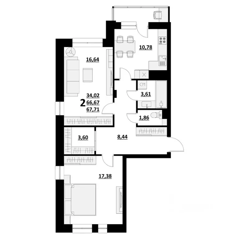 2-к кв. Белгородская область, Белгород ул. Квасова (67.71 м) - Фото 1