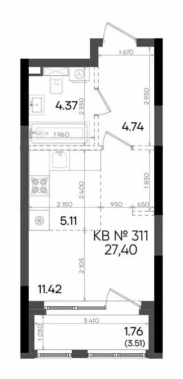 1-комнатная квартира: Казань, улица Аделя Кутуя, 181 (27.4 м) - Фото 0