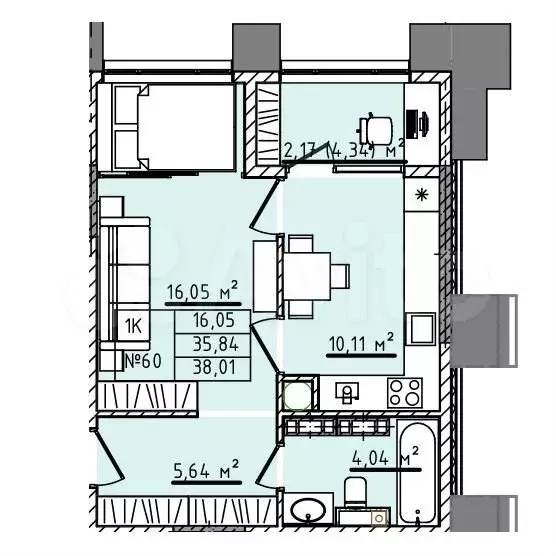 1-к. квартира, 38 м, 4/5 эт. - Фото 0