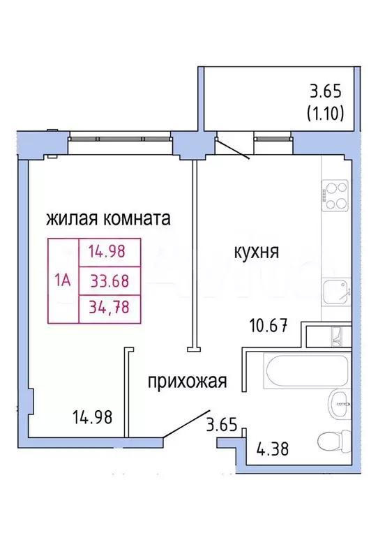 1-к. квартира, 34.8 м, 5/9 эт. - Фото 1