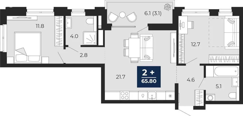 2-комнатная квартира: Тюмень, улица Тимофея Чаркова, 77 (68.8 м) - Фото 1