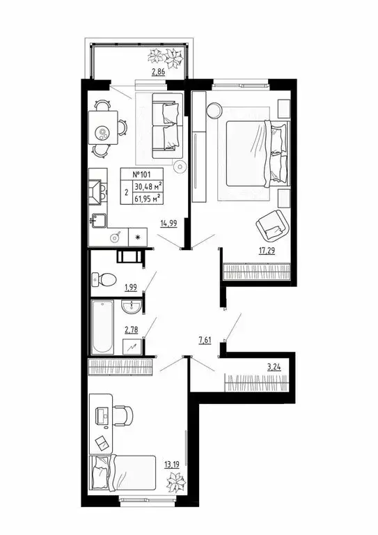 2-комнатная квартира: посёлок Аннино, улица Якова Золина, 36 (61.95 м) - Фото 1