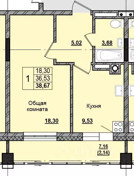 1-к кв. Саха (Якутия), Якутск Алгыс жилой комплекс (38.72 м) - Фото 1