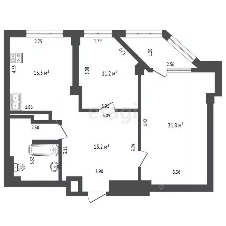 2-к кв. Кемеровская область, Новокузнецк Запорожская ул., 69 (71.2 м) - Фото 2