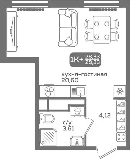 Студия Тюменская область, Тюмень ул. Заполярная, 9/2 (28.33 м) - Фото 0