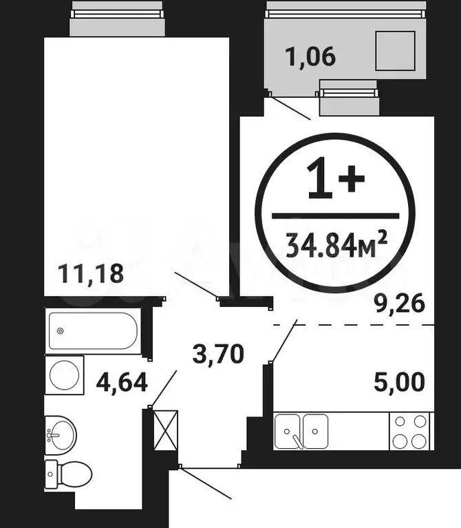 1-к. квартира, 34,8 м, 5/8 эт. - Фото 0