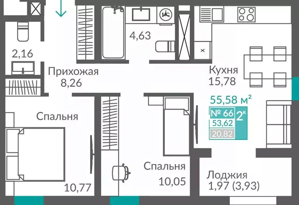 2-к кв. Севастополь ш. Балаклавское (53.62 м) - Фото 1