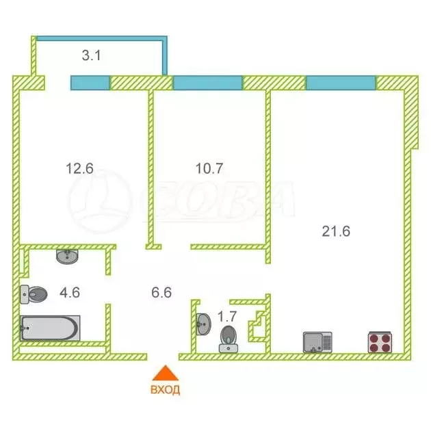 2-комнатная квартира: Тюмень, улица Фармана Салманова, 14 (60 м) - Фото 2