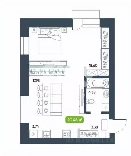 Студия Новосибирская область, Кольцово рп, Ботаника мкр 6 (48.0 м) - Фото 2