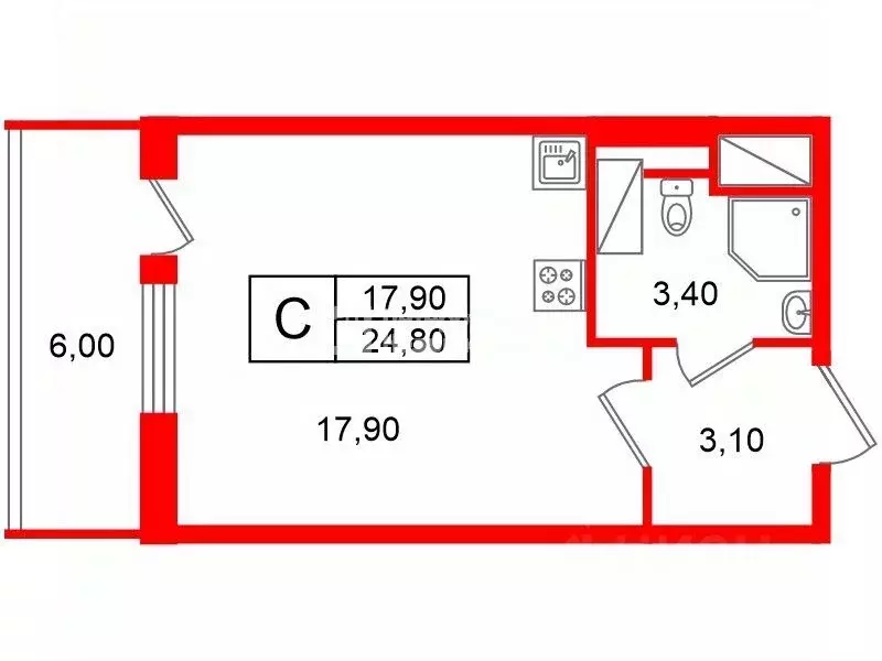 Студия Санкт-Петербург ул. Верхне-Каменская, 9к1 (24.8 м) - Фото 2