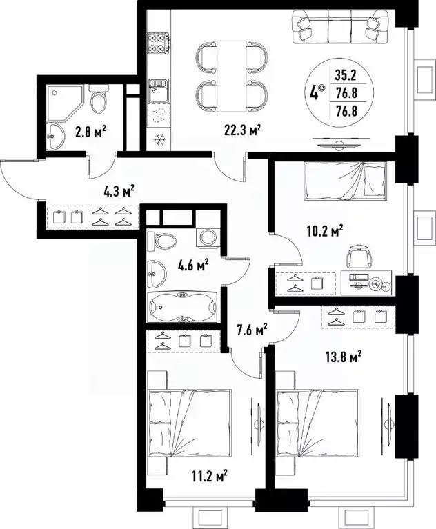 4-к кв. Астраханская область, Астрахань ул. Бэра, 29 (76.8 м) - Фото 2