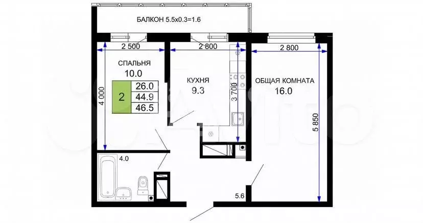 2-к. квартира, 46,5 м, 14/24 эт. - Фото 0