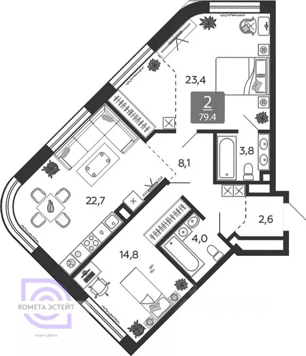 3-к кв. Москва наб. Марка Шагала, 15к1 (79.4 м) - Фото 1