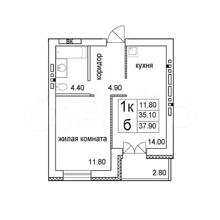 1-к. квартира, 37,9 м, 8/8 эт. - Фото 0